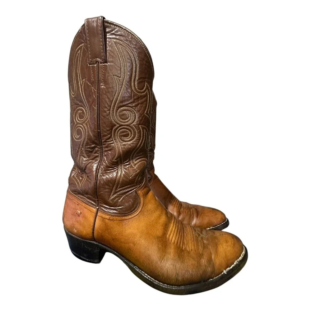 Justin Cowboy Two Tone Brown Leather Mens 10.5 D Boots Western Vibram Style 1847